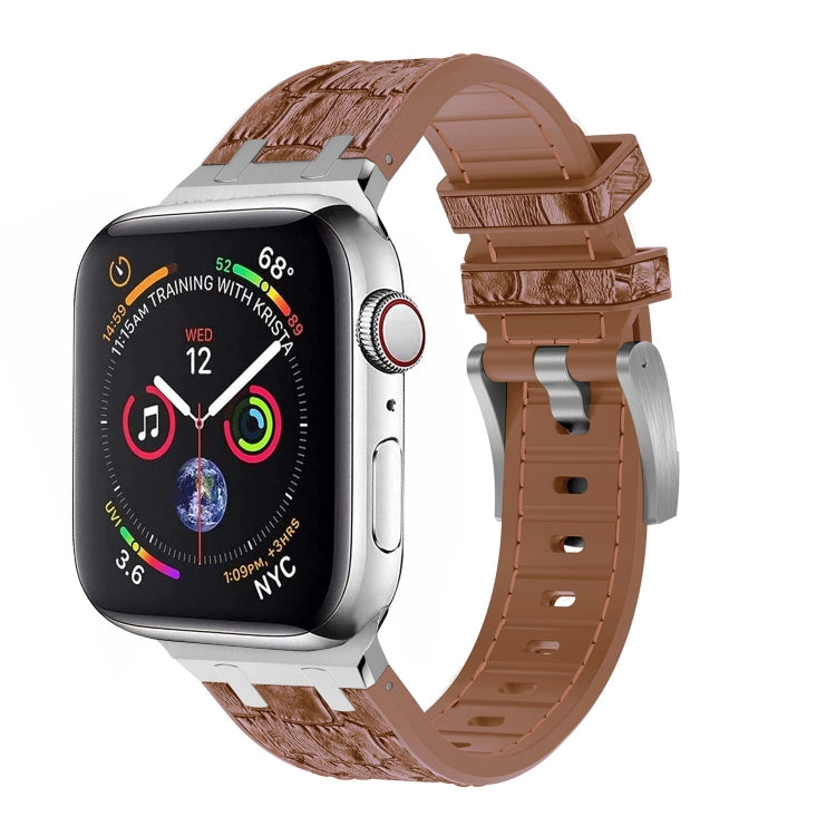 For Apple Watch Series 8 41mm Crocodile Texture Liquid Silicone Watch Band(Silver Yellow Brown) - Watch Bands by PMC Jewellery | Online Shopping South Africa | PMC Jewellery