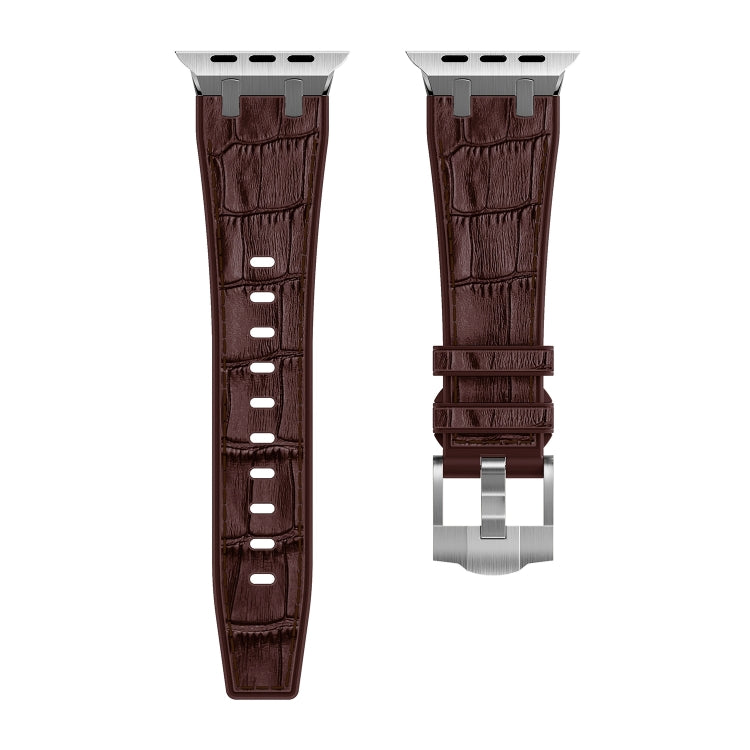 For Apple Watch Series 8 41mm Crocodile Texture Liquid Silicone Watch Band(Silver Dark Brown) - Watch Bands by PMC TechLife | Online Shopping South Africa | PMC TechLife