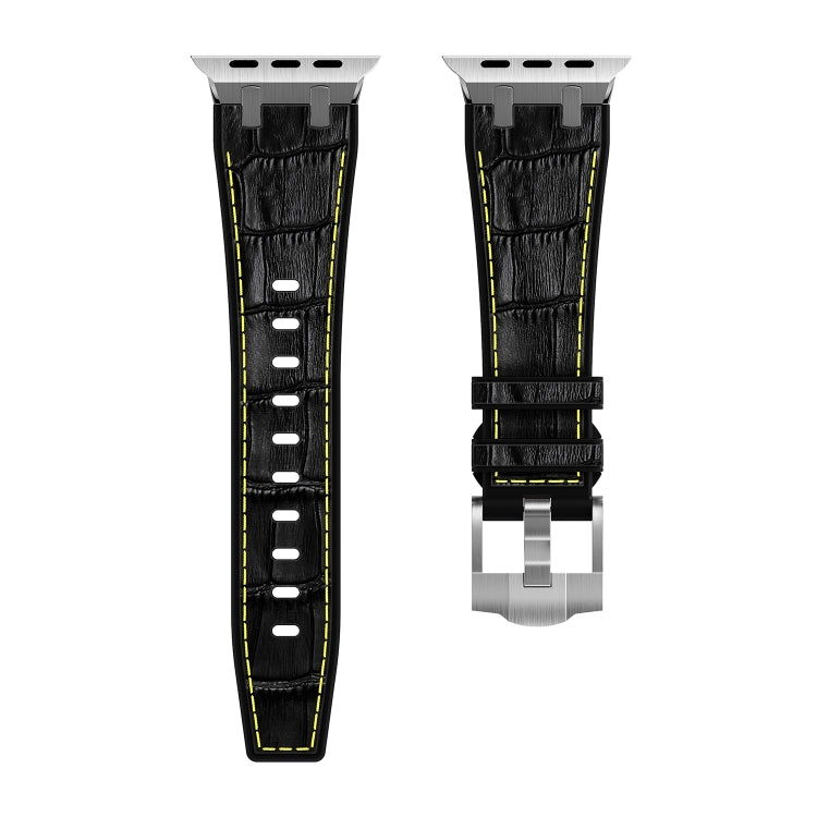 For Apple Watch SE 2022 44mm Crocodile Texture Liquid Silicone Watch Band(Silver Yellow Black) - Watch Bands by PMC Jewellery | Online Shopping South Africa | PMC Jewellery