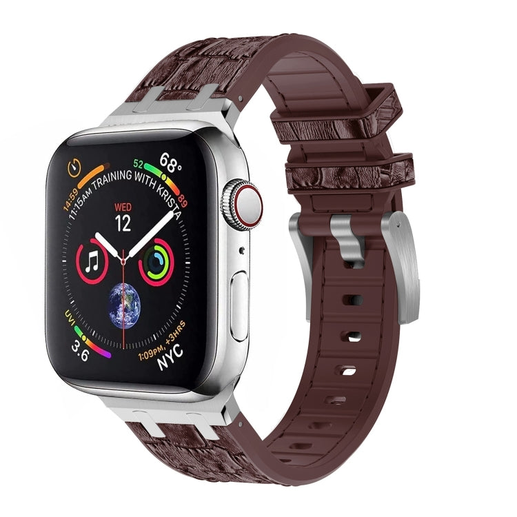 For Apple Watch Series 7 45mm Crocodile Texture Liquid Silicone Watch Band(Silver Dark Brown) - Watch Bands by PMC TechLife | Online Shopping South Africa | PMC TechLife