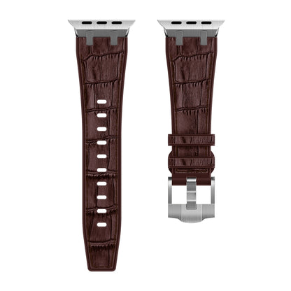 For Apple Watch Series 7 45mm Crocodile Texture Liquid Silicone Watch Band(Silver Dark Brown) - Watch Bands by PMC Jewellery | Online Shopping South Africa | PMC Jewellery