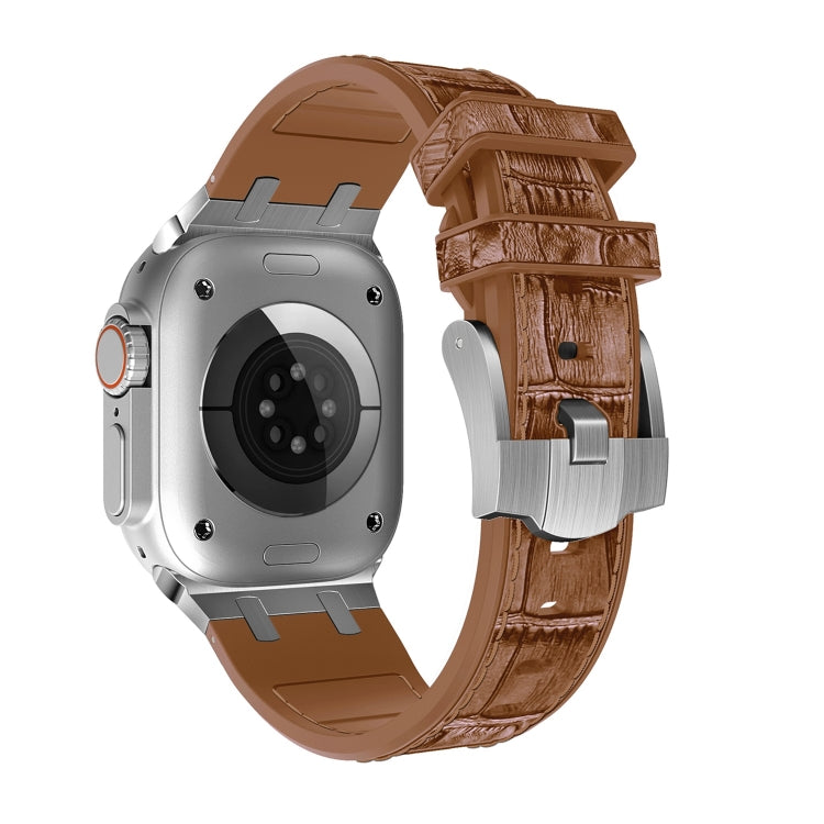 For Apple Watch SE 44mm Crocodile Texture Liquid Silicone Watch Band(Silver Yellow Brown) - Watch Bands by PMC TechLife | Online Shopping South Africa | PMC TechLife