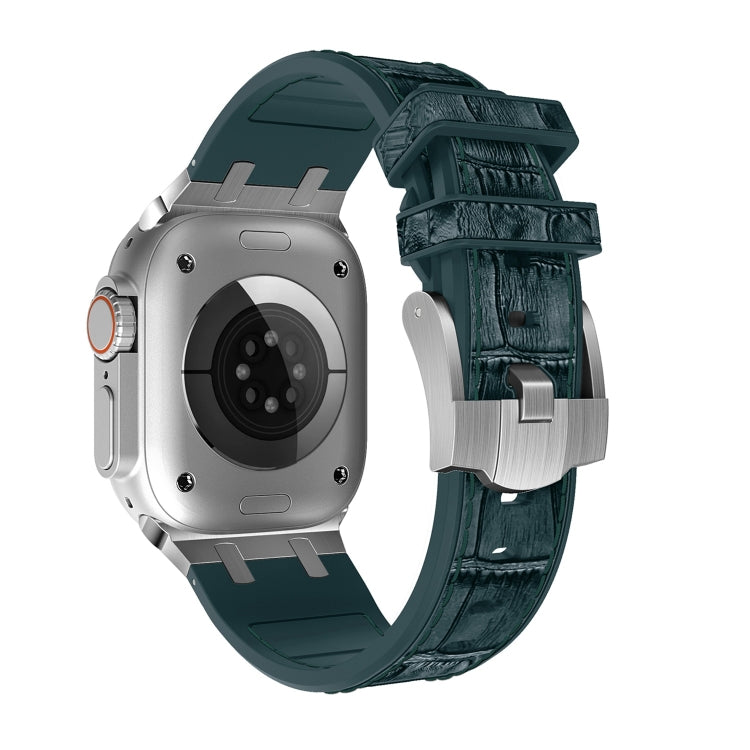 For Apple Watch Series 2 42mm Crocodile Texture Liquid Silicone Watch Band(Silver Deep Green) - Watch Bands by PMC TechLife | Online Shopping South Africa | PMC TechLife