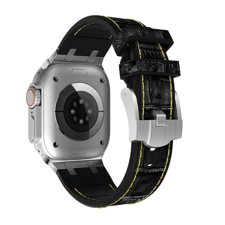 For Apple Watch 42mm Crocodile Texture Liquid Silicone Watch Band(Silver Yellow Black) - Watch Bands by PMC TechLife | Online Shopping South Africa | PMC TechLife