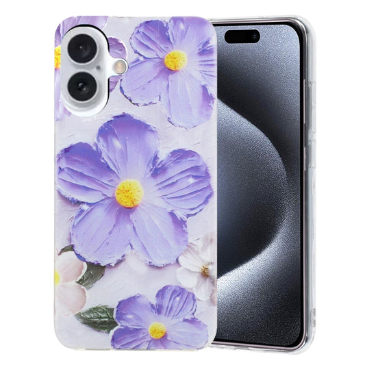 For iPhone 16 Plus Colorful Painting Pattern TPU Phone Case(Purple Flowers) - iPhone 16 Plus Cases by PMC Jewellery | Online Shopping South Africa | PMC Jewellery | Buy Now Pay Later Mobicred