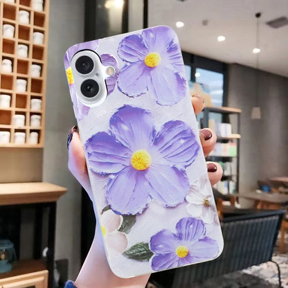 For iPhone 16 Colorful Painting Pattern TPU Phone Case(Purple Flowers) - iPhone 16 Cases by PMC Jewellery | Online Shopping South Africa | PMC Jewellery | Buy Now Pay Later Mobicred