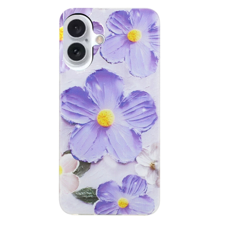 For iPhone 16 Colorful Painting Pattern TPU Phone Case(Purple Flowers) - iPhone 16 Cases by PMC Jewellery | Online Shopping South Africa | PMC Jewellery | Buy Now Pay Later Mobicred