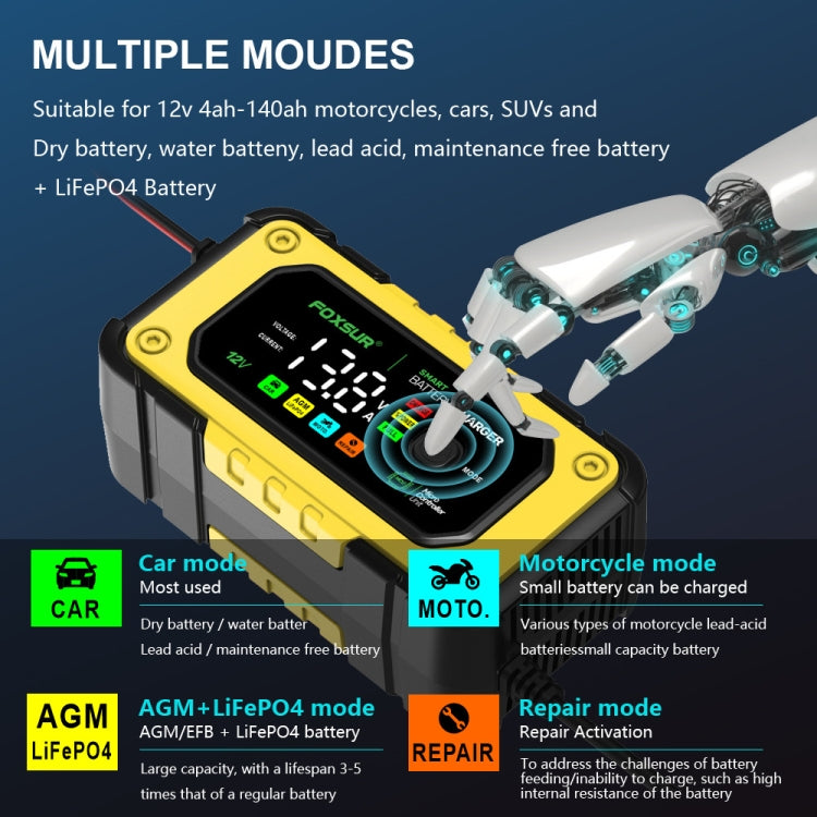 FOXSUR 7A 12V Car / Motorcycle Smart Battery Charger, Plug Type:US Plug(Yellow) - Battery Charger by FOXSUR | Online Shopping South Africa | PMC Jewellery | Buy Now Pay Later Mobicred