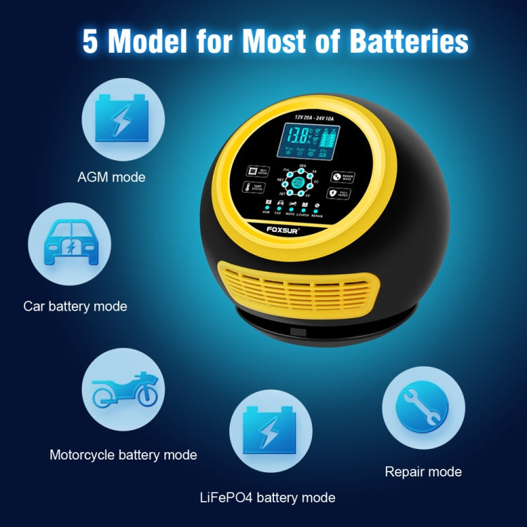 FOXSUR 20A 12V 24V Car / Motorcycle Smart Battery Charger, Plug Type:US Plug(Yellow) - free shipping - PMC TechLife - Order now!