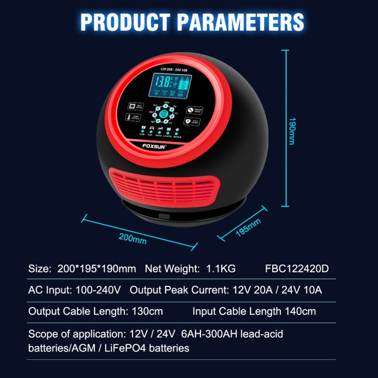 FOXSUR 20A 12V 24V Car / Motorcycle Smart Battery Charger, Plug Type:UK Plug(Red) - free shipping - PMC TechLife - Order now!