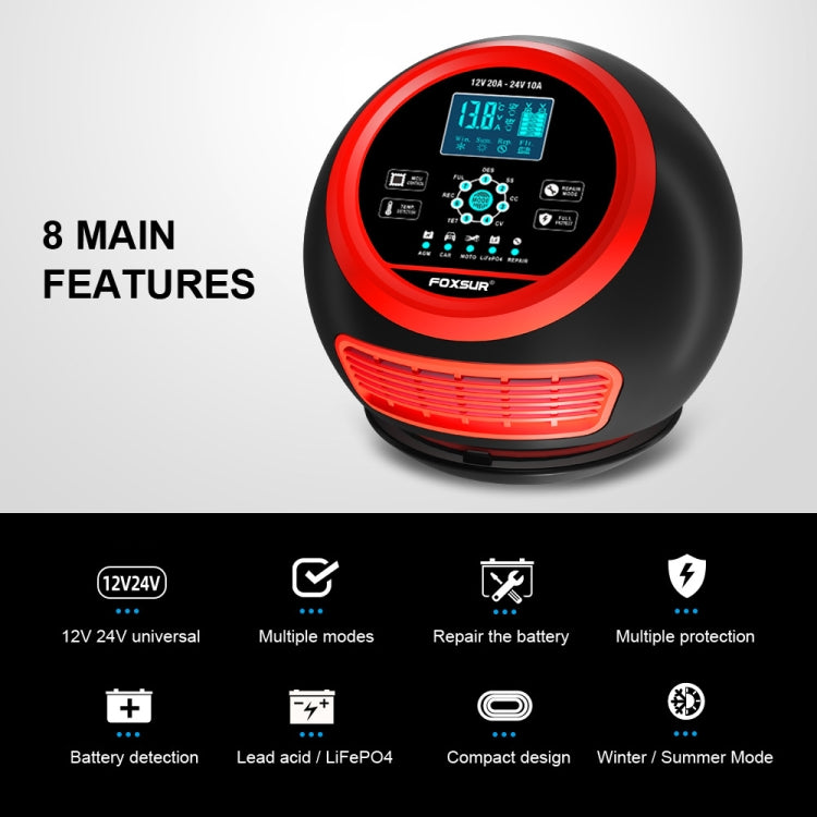 FOXSUR 20A 12V 24V Car / Motorcycle Smart Battery Charger, Plug Type:UK Plug(Red) - free shipping - PMC TechLife - Order now!