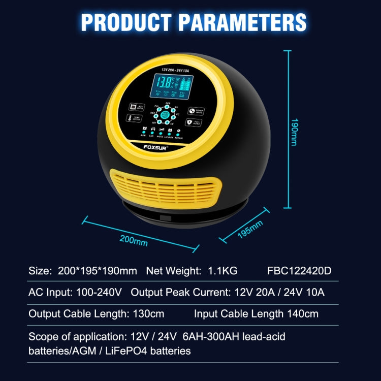 FOXSUR 20A 12V 24V Car / Motorcycle Smart Battery Charger, Plug Type:UK Plug(Yellow) - free shipping - PMC TechLife - Order now!