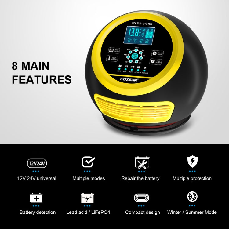 FOXSUR 20A 12V 24V Car / Motorcycle Smart Battery Charger, Plug Type:UK Plug(Yellow) - free shipping - PMC TechLife - Order now!