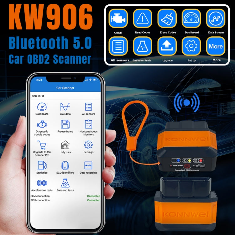 KONNWEI KW906 Bluetooth 5.0 Car OBD2 Scanner Support Android & iOS(Black) - Code Readers & Scan Tools by KONNWEI | Online Shopping South Africa | PMC TechLife | Buy Now Pay Later Mobicred