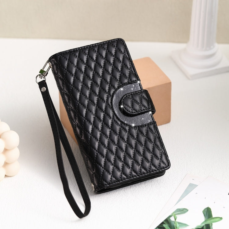 For Google Pixel 7a Glitter Lattice Zipper Wallet Leather Phone Case(Black) - Google Cases by PMC TechLife | Online Shopping South Africa | PMC TechLife | Buy Now Pay Later Mobicred
