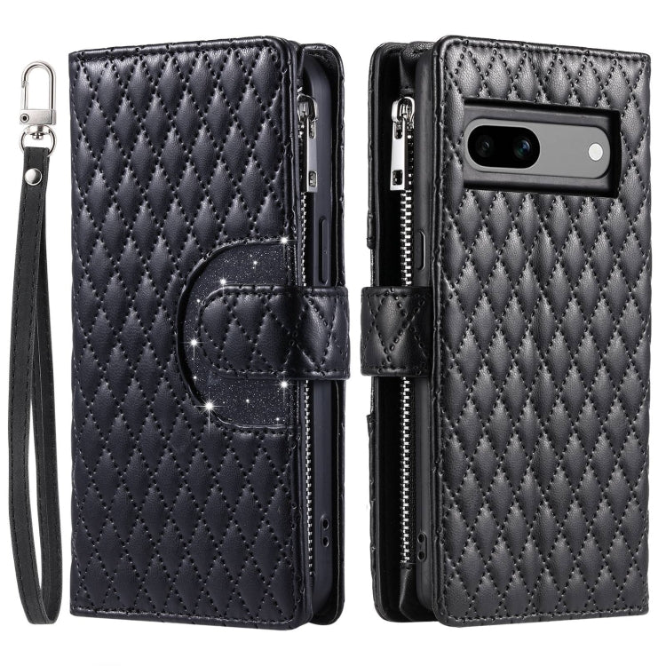 For Google Pixel 7a Glitter Lattice Zipper Wallet Leather Phone Case(Black) - Google Cases by PMC TechLife | Online Shopping South Africa | PMC TechLife | Buy Now Pay Later Mobicred