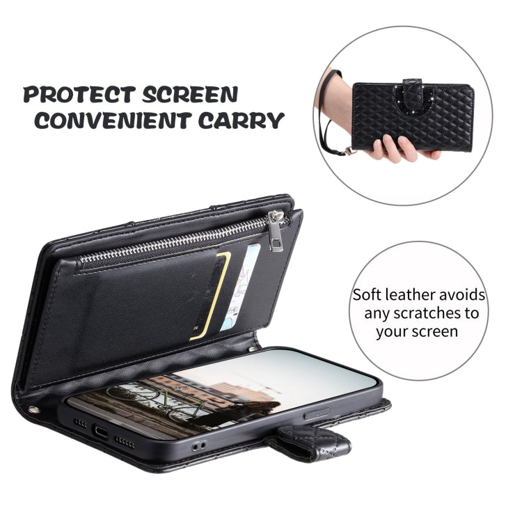 For Google Pixel 7a Glitter Lattice Zipper Wallet Leather Phone Case(Black) - Google Cases by PMC TechLife | Online Shopping South Africa | PMC TechLife | Buy Now Pay Later Mobicred