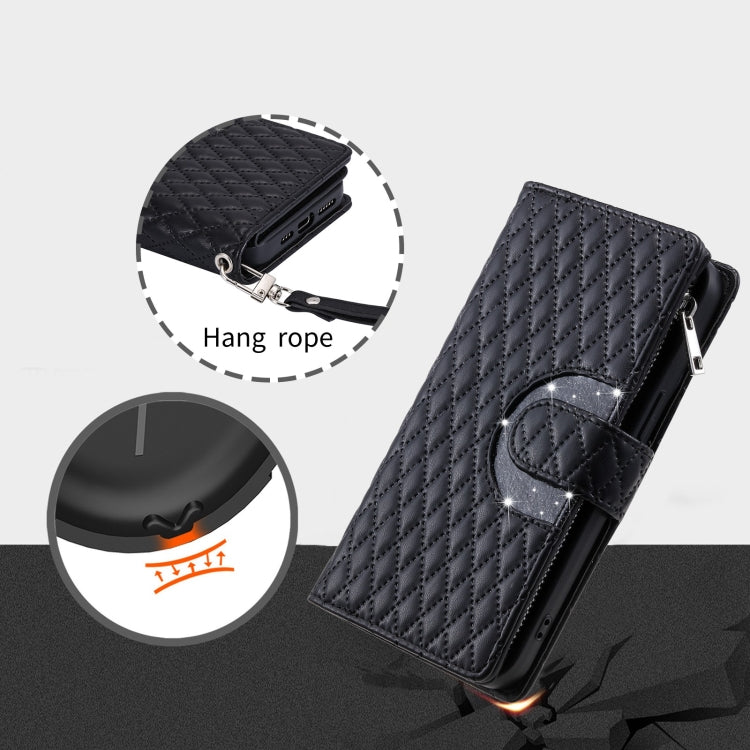 For Google Pixel 7a Glitter Lattice Zipper Wallet Leather Phone Case(Black) - Google Cases by PMC TechLife | Online Shopping South Africa | PMC TechLife | Buy Now Pay Later Mobicred