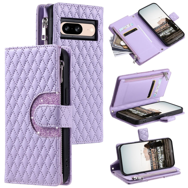 For Google Pixel 8 Glitter Lattice Zipper Wallet Leather Phone Case(Purple) - Google Cases by PMC TechLife | Online Shopping South Africa | PMC TechLife | Buy Now Pay Later Mobicred