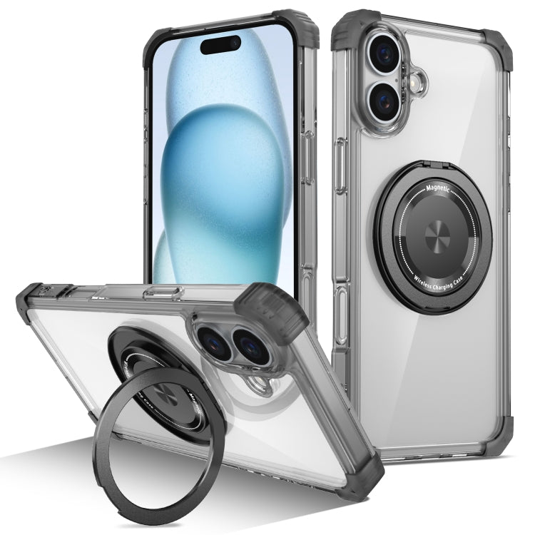 For iPhone 16 Plus Gold Shield CD Pattern MagSafe Magnetic Phone Case with Rotating Stand(Transparent Black) - free shipping - PMC TechLife - Order now!