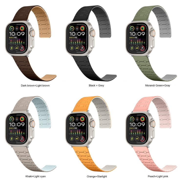 For Apple Watch 42mm Two Color Loop Magnetic Silicone Watch Band(Khaki+Light Green) - Watch Bands by PMC TechLife | Online Shopping South Africa | PMC TechLife