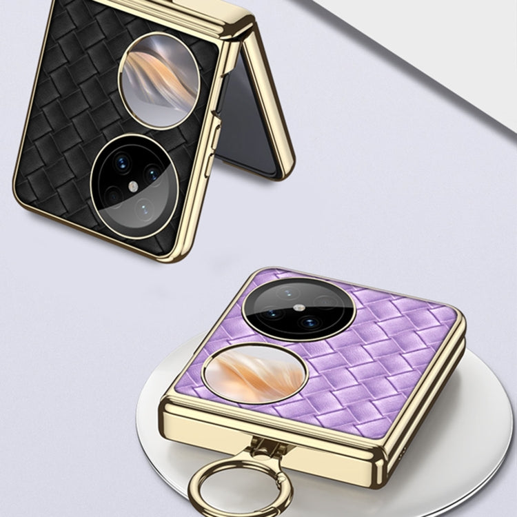 For Huawei Pocket 2 GKK Magnetic Shaft Electroplated Plain Leather Woven Texture Phone Case with Ring(Black) - free shipping - PMC Jewellery - Order now!