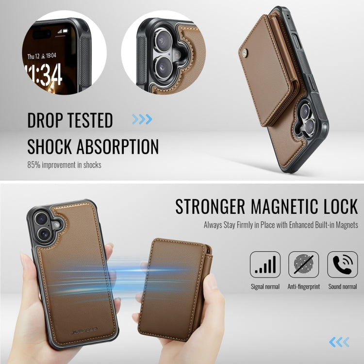 For iPhone 16 JEEHOOD J05 Business Magnetic Style RFID Leather Phone Case(Brown) - iPhone 16 Cases by JEEHOOD | Online Shopping South Africa | PMC Jewellery | Buy Now Pay Later Mobicred