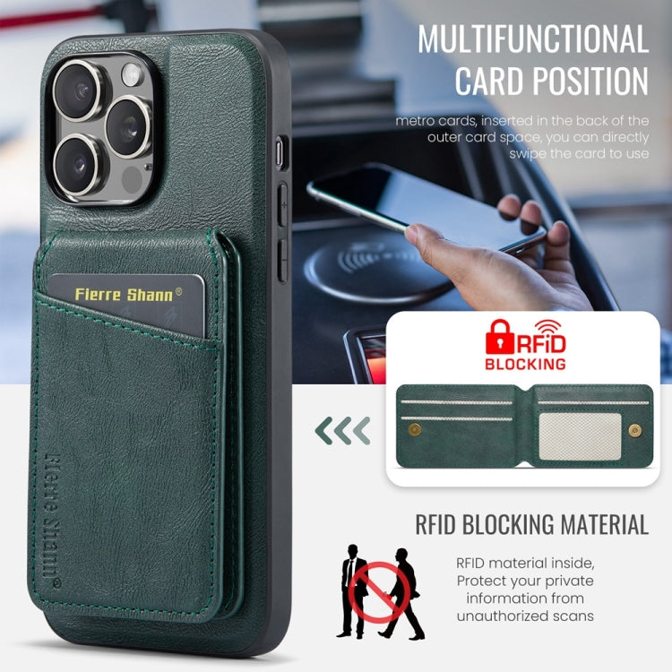 For iPhone 16 Pro Fierre Shann Oil Wax Cow Leather Magnetic Card Holder Phone Case(Green) - iPhone 16 Pro Cases by FIERRE SHANN | Online Shopping South Africa | PMC Jewellery | Buy Now Pay Later Mobicred