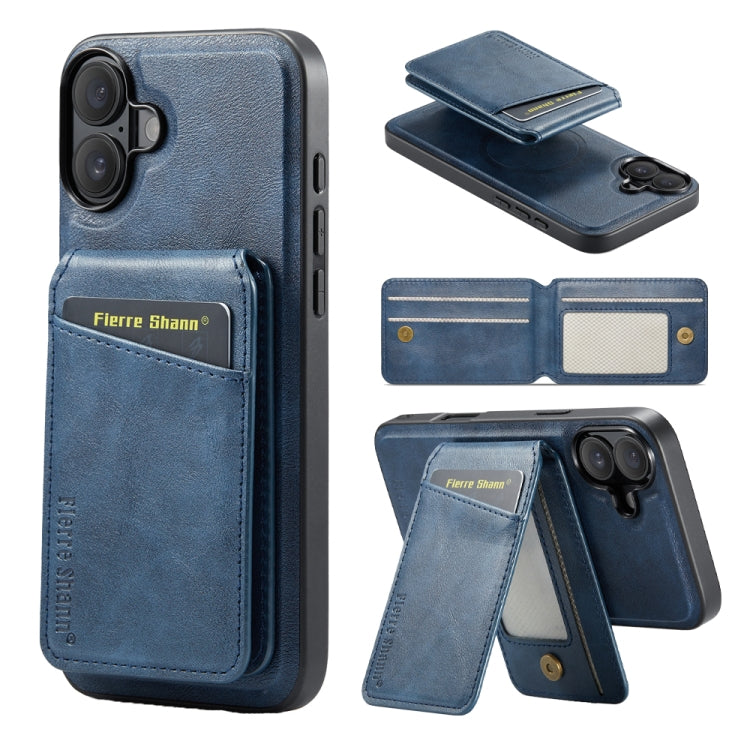 For iPhone 16 Plus Fierre Shann Oil Wax Cow Leather Magnetic Card Holder Phone Case(Blue) - iPhone 16 Plus Cases by FIERRE SHANN | Online Shopping South Africa | PMC Jewellery | Buy Now Pay Later Mobicred