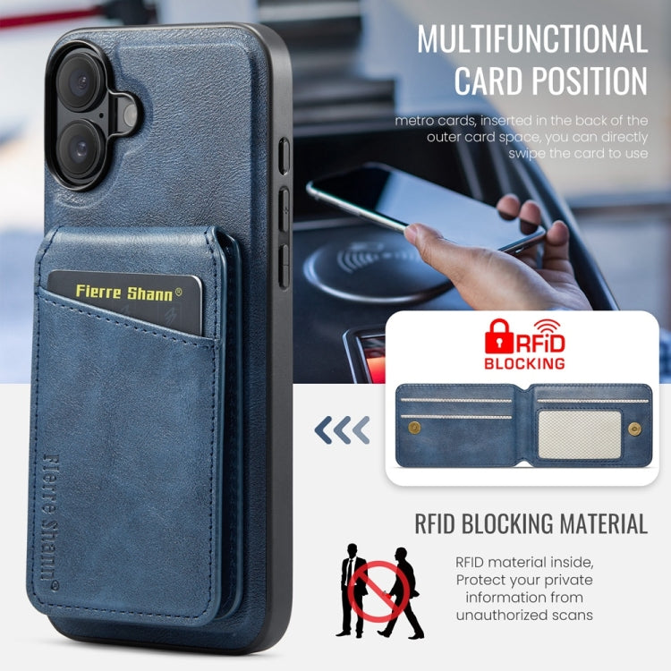 For iPhone 16 Plus Fierre Shann Oil Wax Cow Leather Magnetic Card Holder Phone Case(Blue) - iPhone 16 Plus Cases by FIERRE SHANN | Online Shopping South Africa | PMC Jewellery | Buy Now Pay Later Mobicred