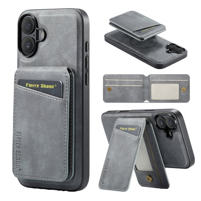 For iPhone 16 Plus Fierre Shann Oil Wax Cow Leather Magnetic Card Holder Phone Case(Grey) - iPhone 16 Plus Cases by FIERRE SHANN | Online Shopping South Africa | PMC Jewellery | Buy Now Pay Later Mobicred