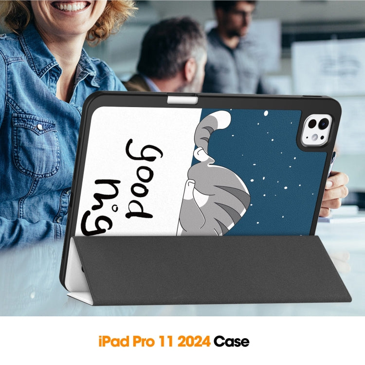 For iPad Pro 11 2024 Custer Painted 3-Fold Holder Smart Leather Tablet Case with Pen Tray(Lazy Cat) - iPad Pro 11 2024 Cases by PMC TechLife | Online Shopping South Africa | PMC TechLife | Buy Now Pay Later Mobicred