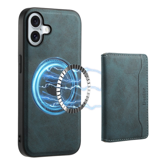 For iPhone 16 Denior D13 Retro Texture Leather MagSafe Card Bag Phone Case(Blue) - iPhone 16 Cases by Denior | Online Shopping South Africa | PMC Jewellery | Buy Now Pay Later Mobicred