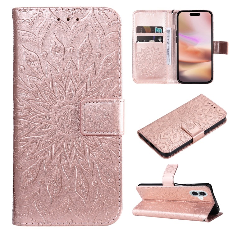 For iPhone 16 Plus Embossed Sunflower Pattern Flip Leather Phone Case(Rose Gold) - iPhone 16 Plus Cases by PMC TechLife | Online Shopping South Africa | PMC TechLife | Buy Now Pay Later Mobicred