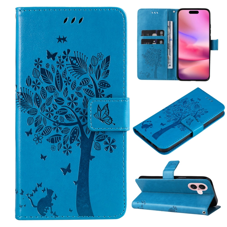 For iPhone 16 Tree & Cat Embossed Pattern Flip Leather Phone Case(Blue) - iPhone 16 Cases by PMC Jewellery | Online Shopping South Africa | PMC Jewellery | Buy Now Pay Later Mobicred