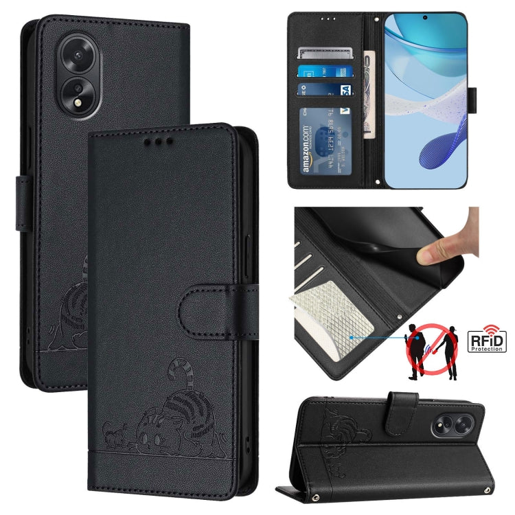 For OPPO A38 4G / A18 4G Global Cat Rat Embossed Pattern RFID Leather Phone Case with Lanyard(Black) - A38 Cases by PMC TechLife | Online Shopping South Africa | PMC TechLife | Buy Now Pay Later Mobicred