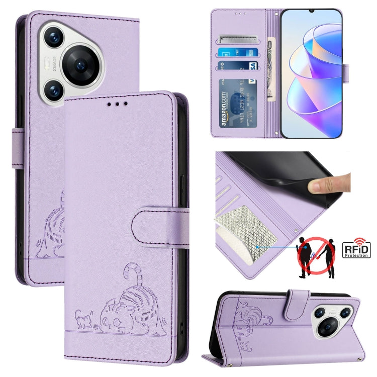 For Huawei Pura 70 Cat Rat Embossed Pattern RFID Leather Phone Case with Lanyard(Purple) - Huawei Cases by PMC Jewellery | Online Shopping South Africa | PMC Jewellery | Buy Now Pay Later Mobicred