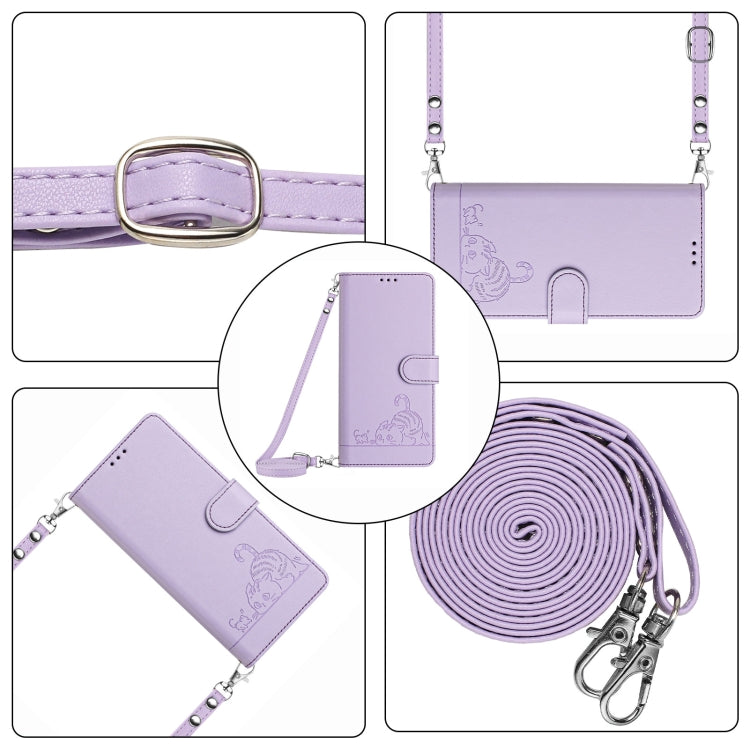 For Huawei Pura 70 Cat Rat Embossed Pattern RFID Leather Phone Case with Lanyard(Purple) - Huawei Cases by PMC Jewellery | Online Shopping South Africa | PMC Jewellery | Buy Now Pay Later Mobicred