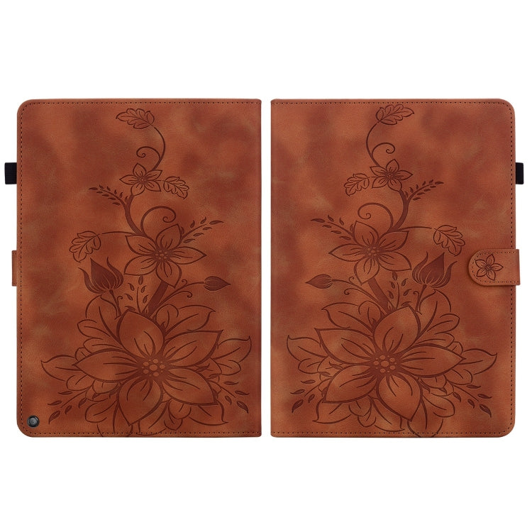 For Amazon Fire HD10 2019/2017 Lily Embossed Leather Smart Tablet Case(Brown) - Amazon by PMC TechLife | Online Shopping South Africa | PMC TechLife | Buy Now Pay Later Mobicred