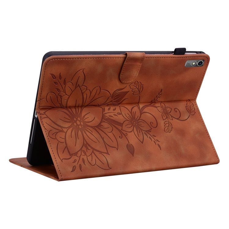 For Lenovo Tab M10 5G 2023 Lily Embossed Leather Tablet Case(Brown) - Lenovo by PMC TechLife | Online Shopping South Africa | PMC TechLife | Buy Now Pay Later Mobicred