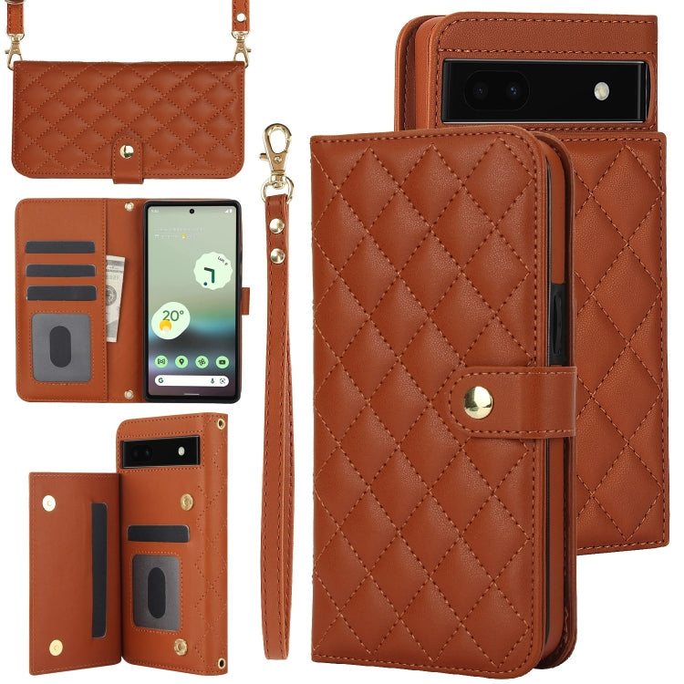 For Google Pixel 6a Crossbody Multifunction Rhombic Leather Phone Case(Brown) - Google Cases by PMC TechLife | Online Shopping South Africa | PMC TechLife | Buy Now Pay Later Mobicred