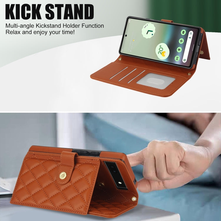 For Google Pixel 6a Crossbody Multifunction Rhombic Leather Phone Case(Brown) - Google Cases by PMC TechLife | Online Shopping South Africa | PMC TechLife | Buy Now Pay Later Mobicred