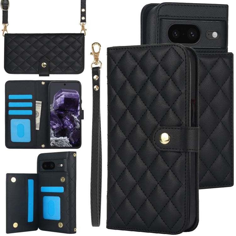 For Google Pixel 8 Crossbody Multifunction Rhombic Leather Phone Case(Black) - Google Cases by PMC TechLife | Online Shopping South Africa | PMC TechLife | Buy Now Pay Later Mobicred