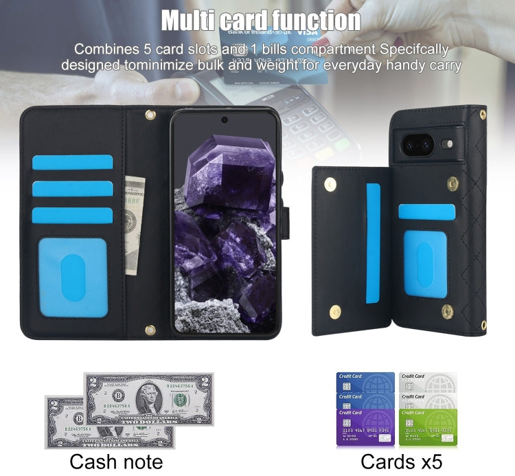 For Google Pixel 8 Crossbody Multifunction Rhombic Leather Phone Case(Black) - Google Cases by PMC TechLife | Online Shopping South Africa | PMC TechLife | Buy Now Pay Later Mobicred