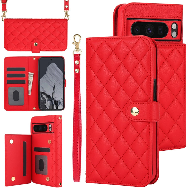 For Google Pixel 8 Pro Crossbody Multifunction Rhombic Leather Phone Case(Red) - Google Cases by PMC TechLife | Online Shopping South Africa | PMC TechLife | Buy Now Pay Later Mobicred