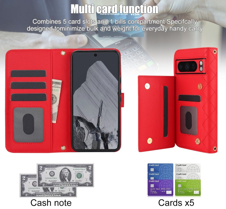 For Google Pixel 8 Pro Crossbody Multifunction Rhombic Leather Phone Case(Red) - Google Cases by PMC TechLife | Online Shopping South Africa | PMC TechLife | Buy Now Pay Later Mobicred