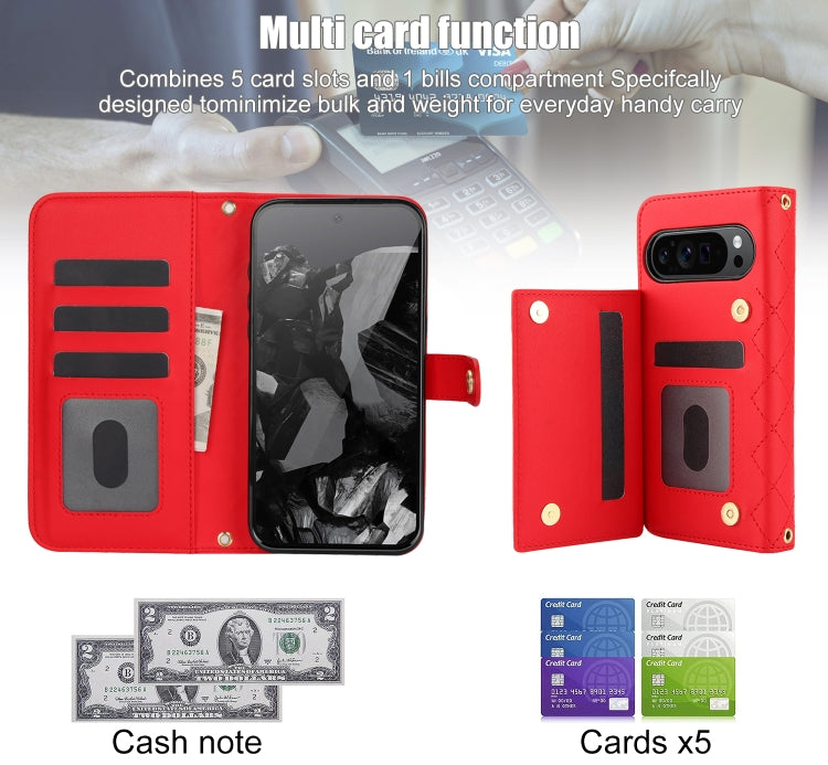 For Google Pixel 9 Crossbody Multifunction Rhombic Leather Phone Case(Red) - Google Cases by PMC TechLife | Online Shopping South Africa | PMC TechLife | Buy Now Pay Later Mobicred