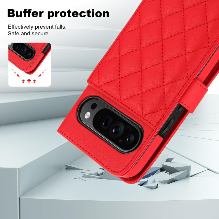 For Google Pixel 9 Crossbody Multifunction Rhombic Leather Phone Case(Red) - Google Cases by PMC TechLife | Online Shopping South Africa | PMC TechLife | Buy Now Pay Later Mobicred