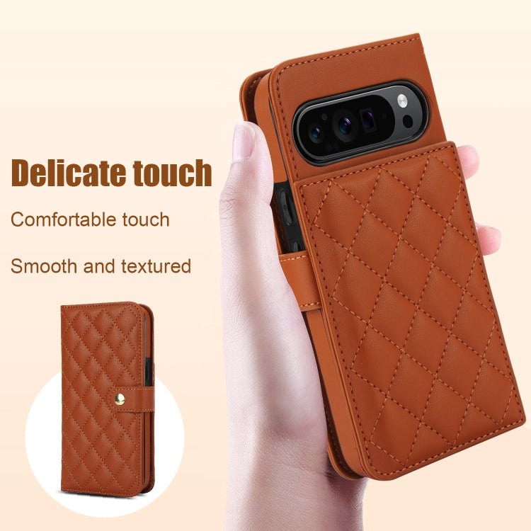 For Google Pixel 9 Crossbody Multifunction Rhombic Leather Phone Case(Brown) - Google Cases by PMC TechLife | Online Shopping South Africa | PMC TechLife | Buy Now Pay Later Mobicred