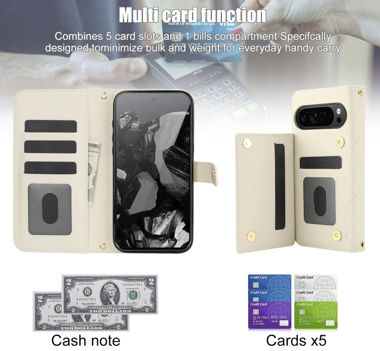 For Google Pixel 9 Pro XL Crossbody Multifunction Rhombic Leather Phone Case(White) - Google Cases by PMC TechLife | Online Shopping South Africa | PMC TechLife | Buy Now Pay Later Mobicred